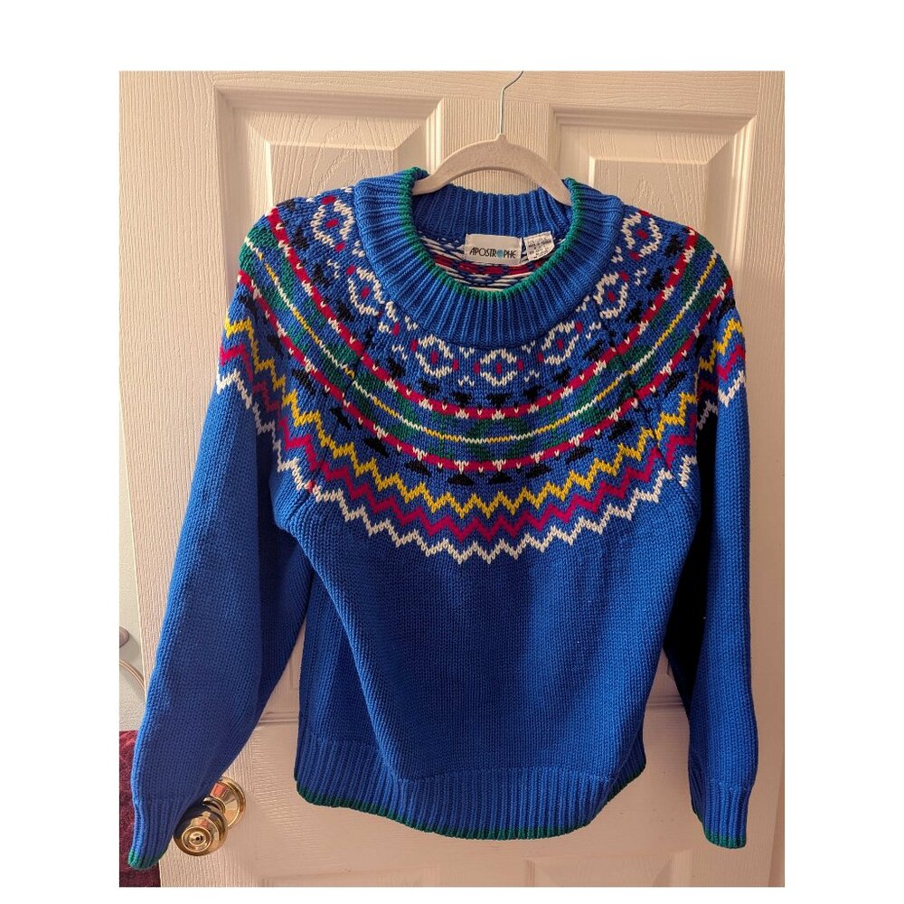 Vintage Apostrophe Fair Isle Sweater Bright Blue Colorful Yoke Real Retro Winter